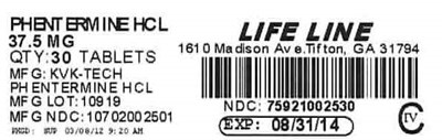 Phentermine HCl 37.5 mg Tablet Label (Phentermine Label)
